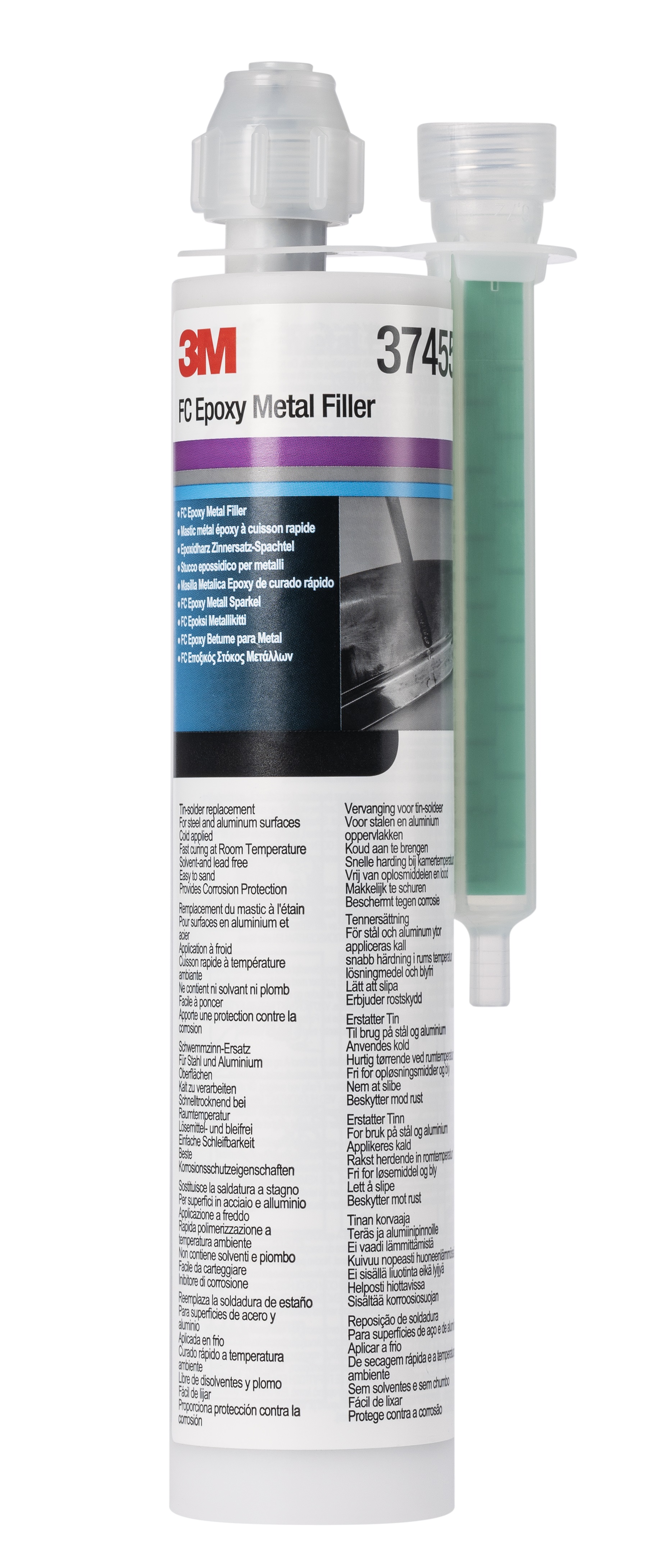Weiße 3M FC Epoxy Metallfüller-Tube (37455) mit klarer Mischdüse und separater grüner Harzkomponente. Als Zinnersatz für Stahl- und Aluminiumoberflächen, schnell härtend und korrosionsschützend.