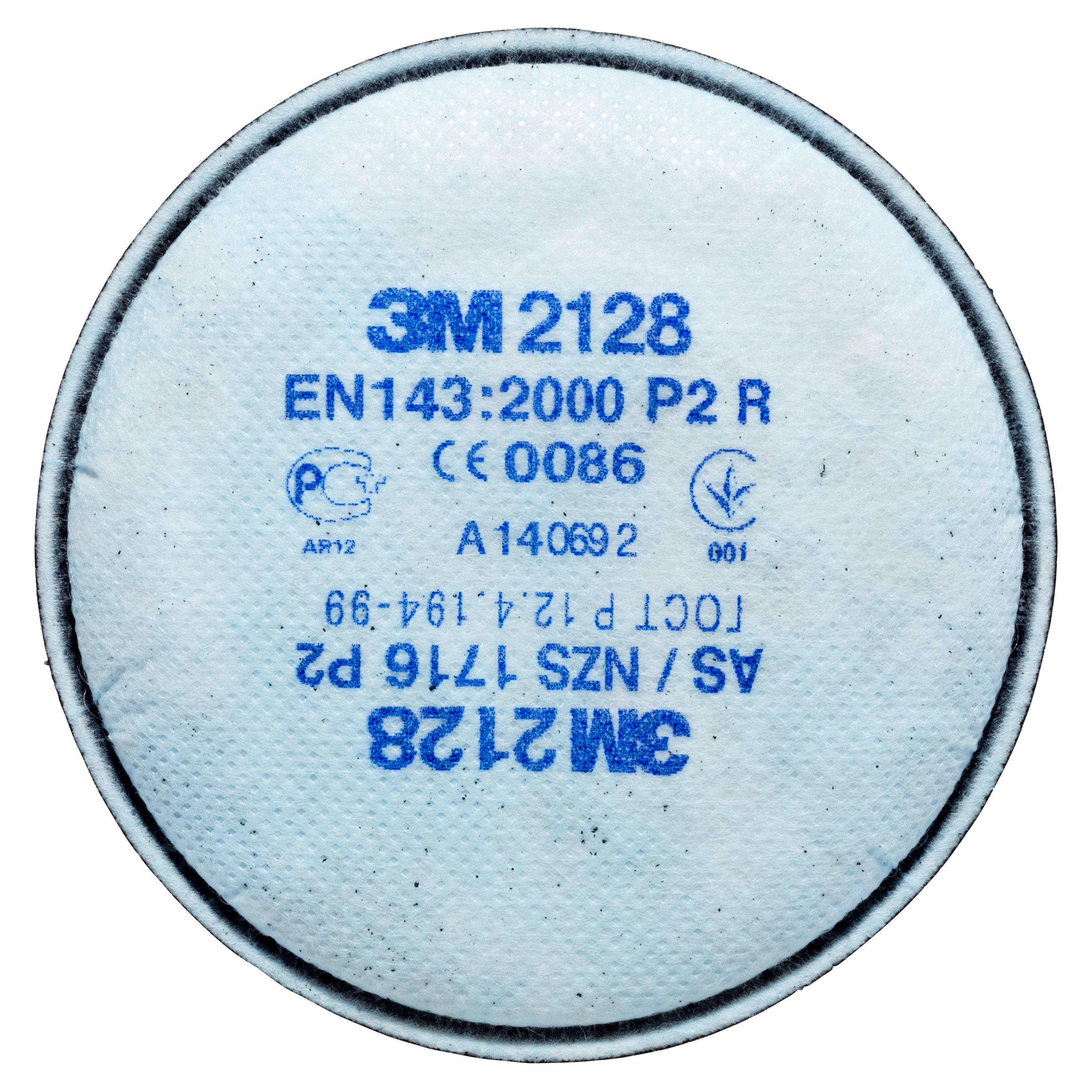 Runder, hellblauer 3M 2128 Partikelfilter mit Aktivkohle. Blaue Aufschriften „3M 2128“, „EN143:2000 P2 R“ und „CE 0086“ zertifizieren ihn als P2R. Schutz vor organischen Gasen, Dämpfen, Ozon und Feinstaub.