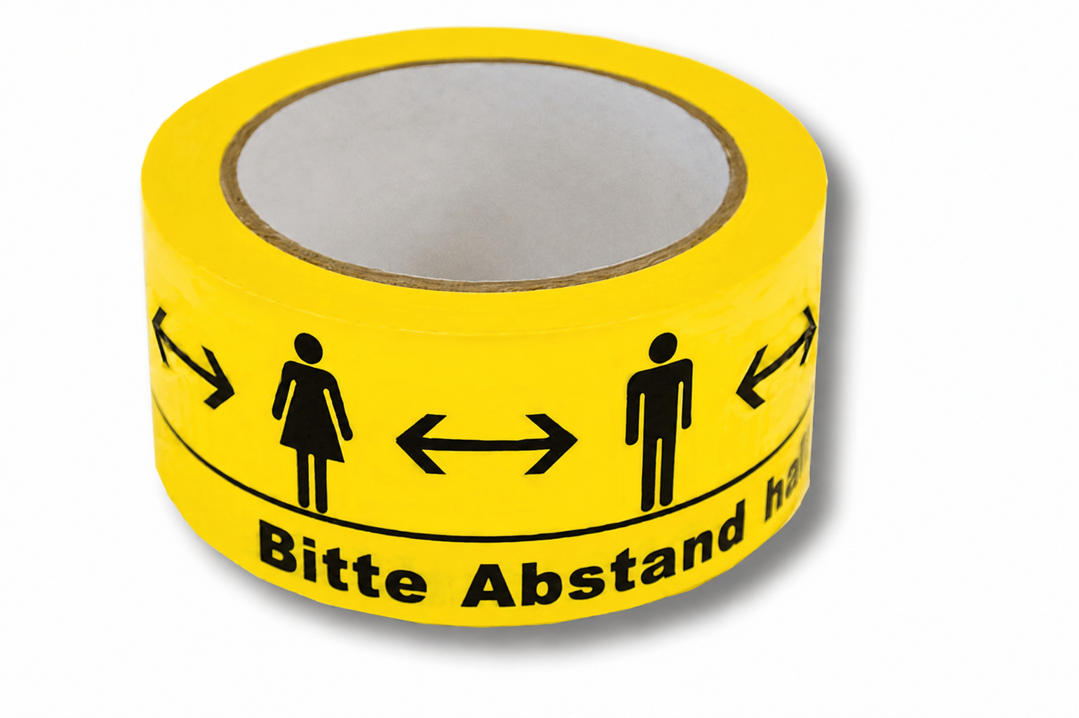 Gelbes Klebeband mit schwarzen Piktogrammen von Frau und Mann und Doppelpfeil als Hinweis auf Sicherheitsabstand. Darunter steht „Bitte Abstand halten“. Weitere Pfeile zeigen die Gehrichtung. Rolle schräg auf weißem Hintergrund mit Schatten.