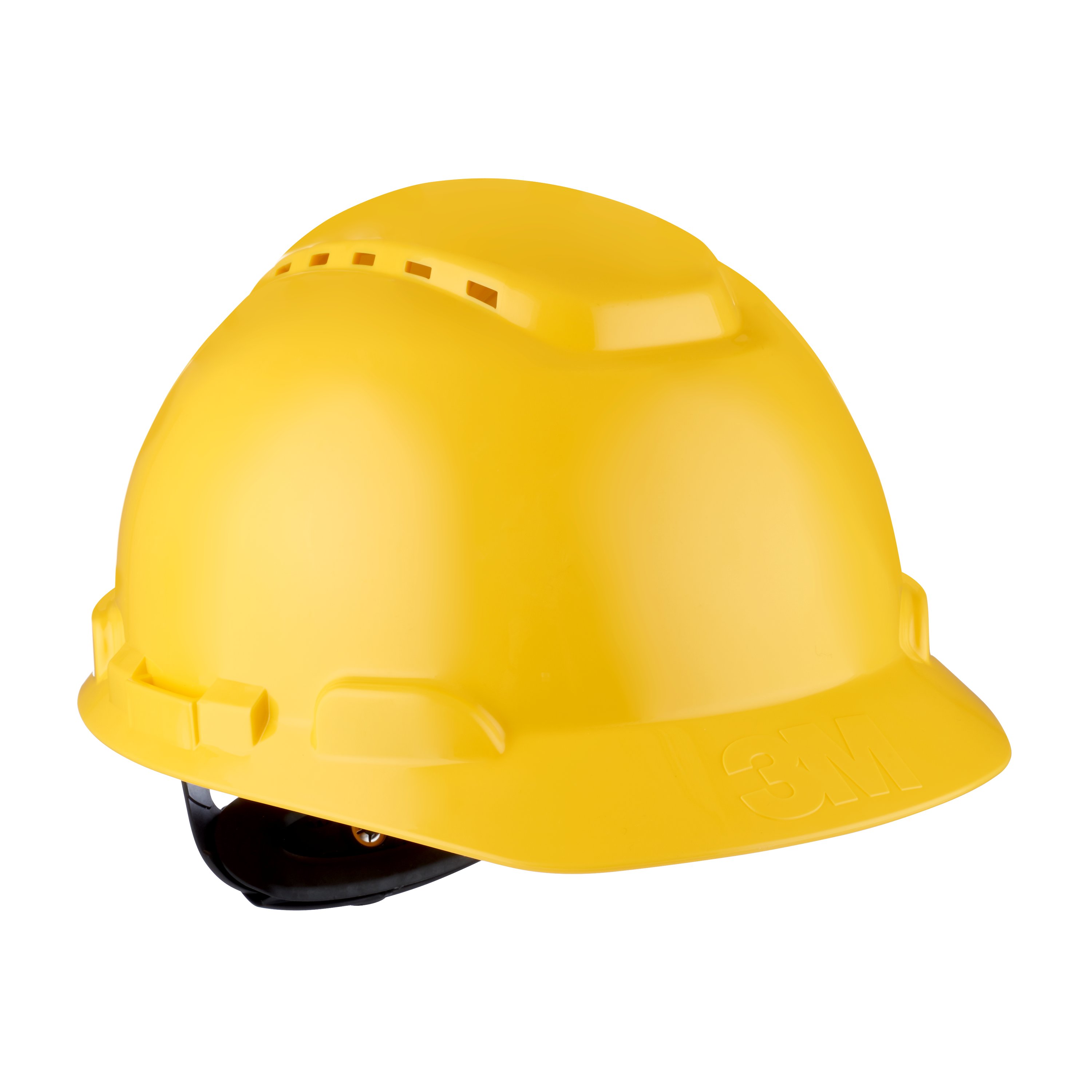 Leuchtend gelber 3M H700 Schutzhelm, leicht schräg von vorn. Mit mehreren Belüftungsöffnungen oben und weicher, runder Form. Unten ist ein Teil des schwarzen Innenbands sichtbar; 3M-Logo am Schirm eingeprägt.