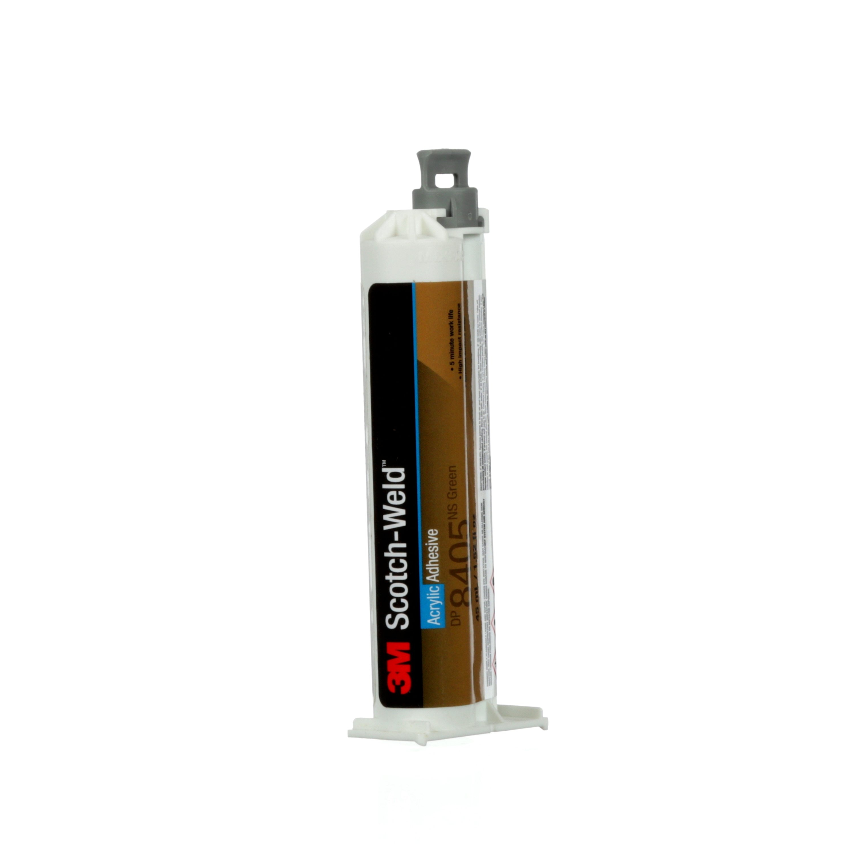 3M Scotch-Weld DP-8405NS: 2K Acrylat-Konstruktionskleber (Kartusche). Aufdruck „DP 8405 NS Green“, grauer Verschluss. Zähelastig, sehr schlagfest; klebt Metall & Kunststoff.