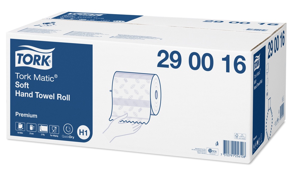 Boîte Tork blanche « Matic Soft Hand Towel Roll Premium ». Image: main tirant un rouleau d’essuie-mains blanc motif bleu. H1, 2 plis, QuickDry, pour sanitaires très fréquentés.