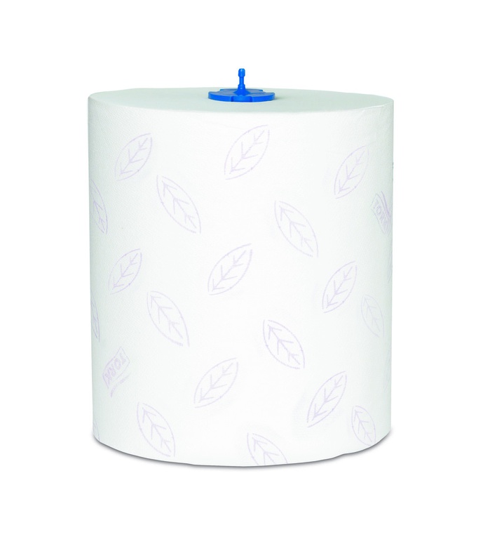 Grand rouleau de papier essuie-mains blanc Tork à poser, avec gaufrage discret de feuilles de laurier violet clair. Embout plastique bleu sur le dessus pour fixation au distributeur. Pour distributeurs H1 Matic, doux, séchage rapide.
