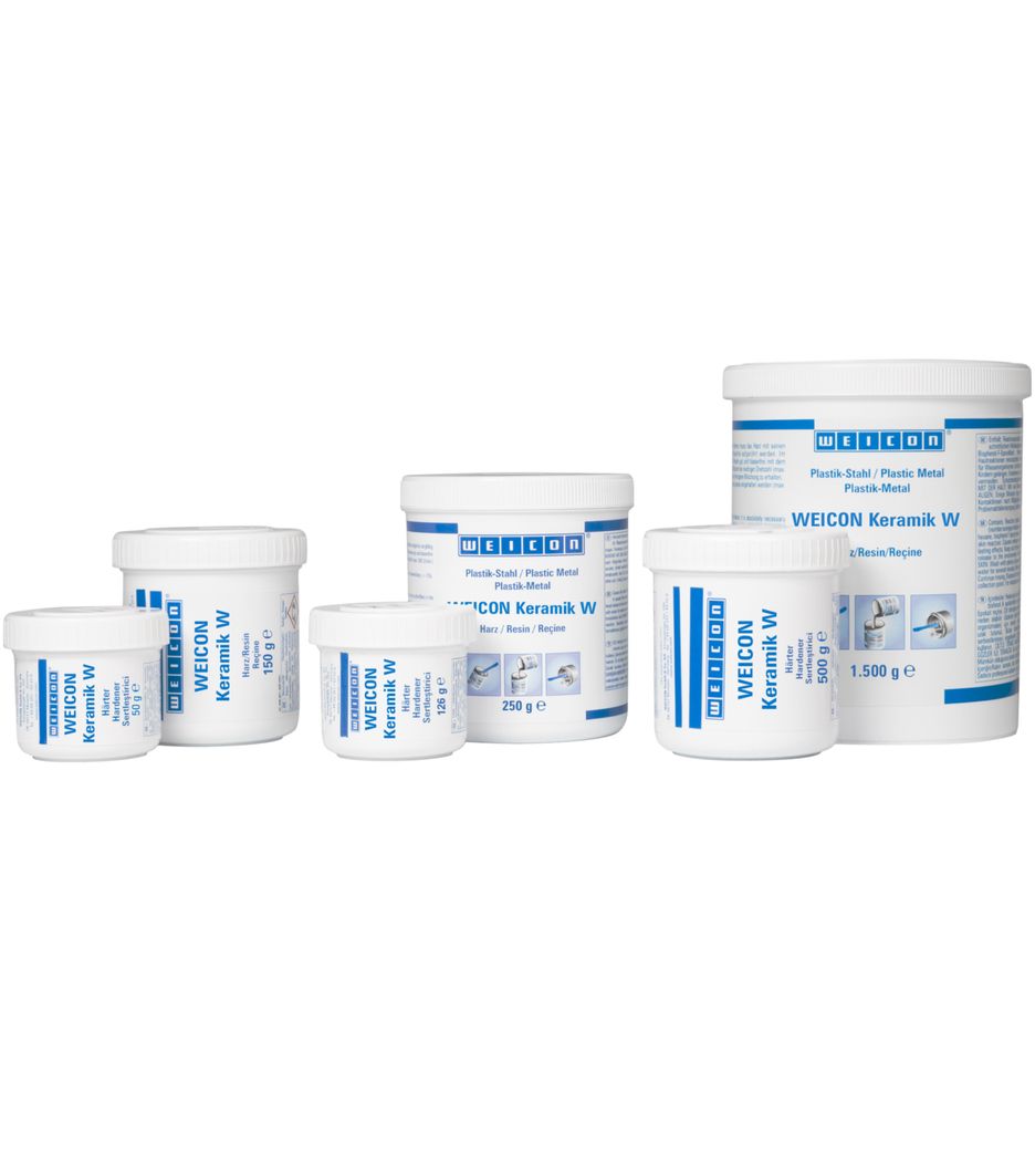 Sechs weiße, zylindrische WEICON Keramik W Behälter (Epoxidharz-System): drei „Harz/Resin“ (250g, 1500g) und drei kleinere „Härter/Hardener“ (50g, 126g, 500g). Unterschiedliche Größen, Sortiment.