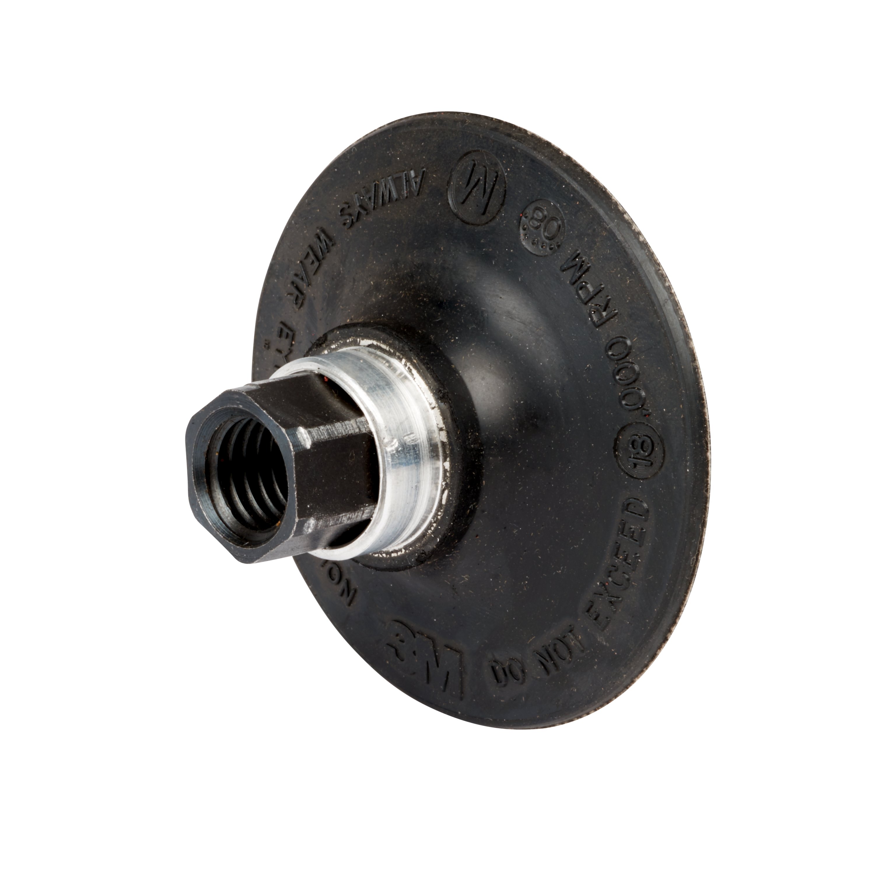 Runder, dunkelgrauer 3M Roloc Stützteller, 75mm, mit zentraler M14-Aufnahme. Aufgeprägt: „ALWAYS WEAR EYE PROTECTION“ und max. 18.000 RPM. Zum Halten von Schleifmitteln auf Winkelschleifern/Bohrmaschinen.