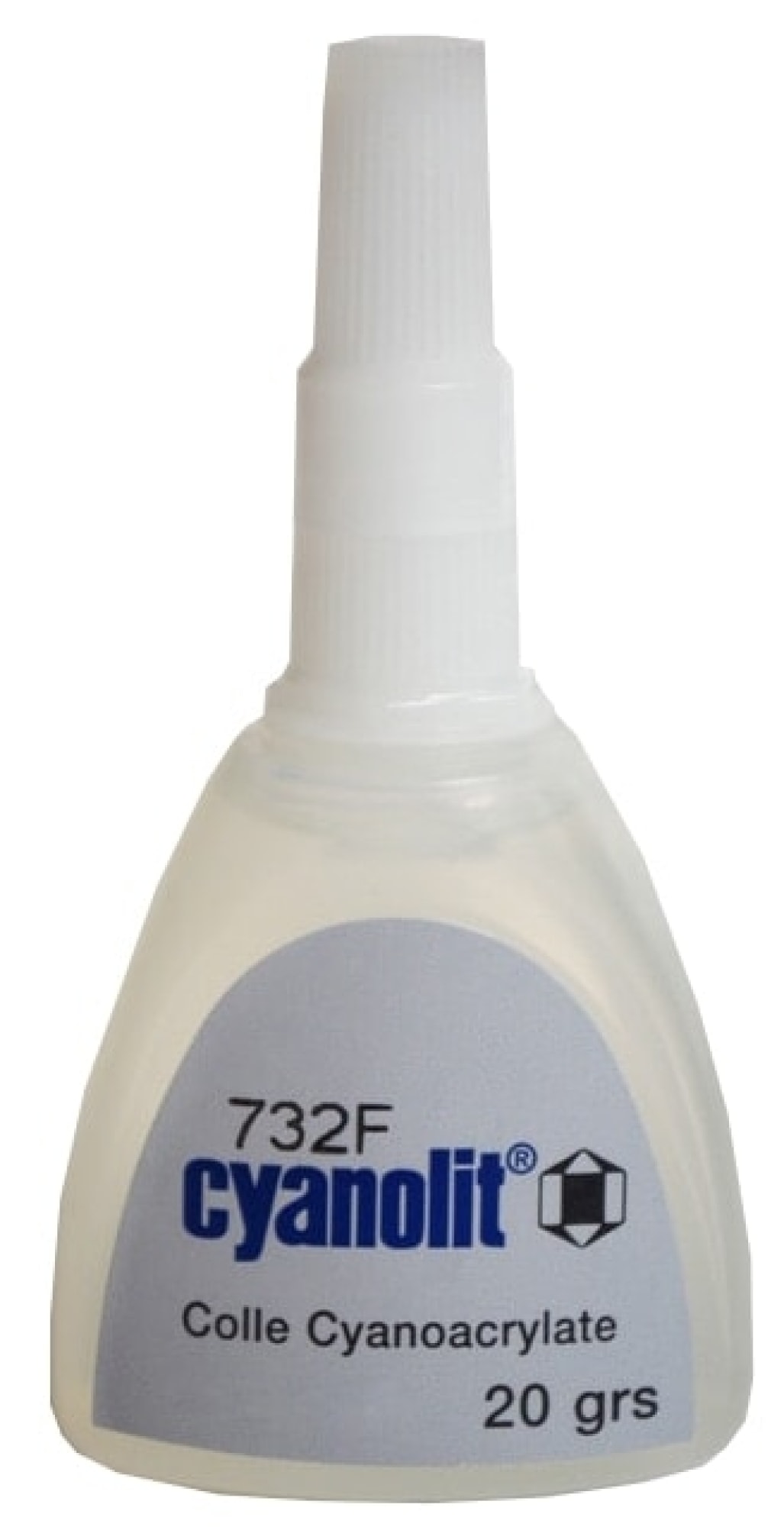 Transparente Plastikflasche mit Cyanolit 732F Sekundenkleber. Lange weiße gerippte Dosierspitze, graues Etikett mit blauer "cyanolit" Aufschrift sowie "732F" und "Colle Cyanoacrylate 20 grs". Klar, dünnflüssig.