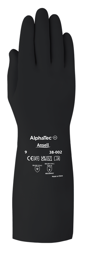 Schwarzer AlphaTec 38-002 Butyl-Chemikalienschutzhandschuh mit langer Stulpe zum Unterarmschutz. Auf dem Handrücken weiße Aufschriften: Ansell, Modellnummer, Zertifizierungen (CE, UKCA, EN ISO 374-1 Typ A). Matte, glatte Oberfläche.