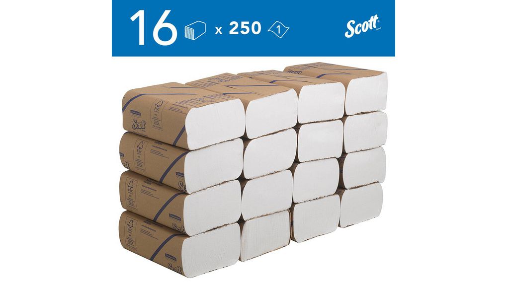 Großer Stapel aus 16 einzeln verpackten weißen Scott-Papierhandtuchpaketen. Jedes Paket ist in braunes Recyclingpapier mit blauen Streifen und Scott-Logo gewickelt. Oben links im blauen Banner: „16 x 250“.