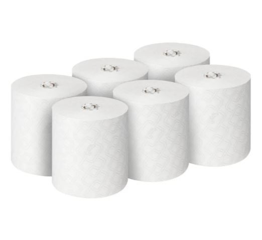 Six rouleaux d'essuie-mains blancs, avec motif géométrique en relief, sur fond blanc : trois devant, trois derrière, tous verticaux. Au centre de chaque rouleau, un petit mandrin argenté. Pour un usage quotidien.