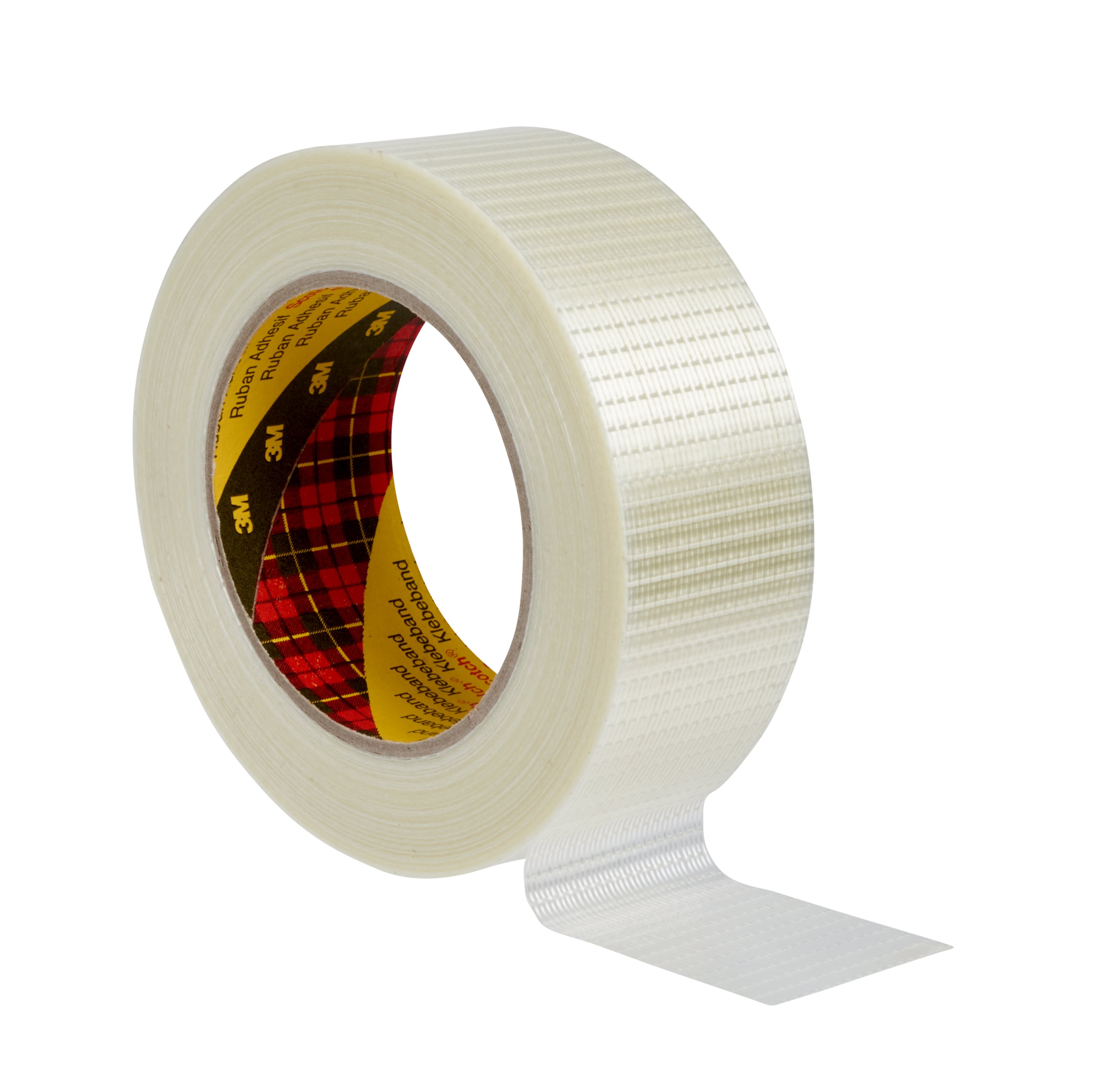 Rouleau de ruban adhésif filamentaire blanc transparent avec fibres de verre visibles en treillis. Petit morceau de ruban adhésif PP résistant à la déchirure, déroulé, face adhésive visible. Au centre : logo 3M, « ruban adhésif ».