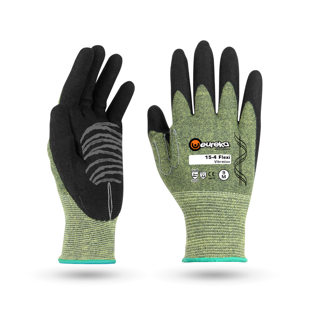 Zwei Arbeitshandschuhe: rechts grüngelbe Handinnenfläche mit schwarzer Nitrilbeschichtung an Fingern/Handfläche, Eureka-Logo und "15-4 Flexi Vibration". Links Handrücken mit schwarzen, stoßdämpfenden Rippen. Vibrationsdämpfung & Schnittschutz.