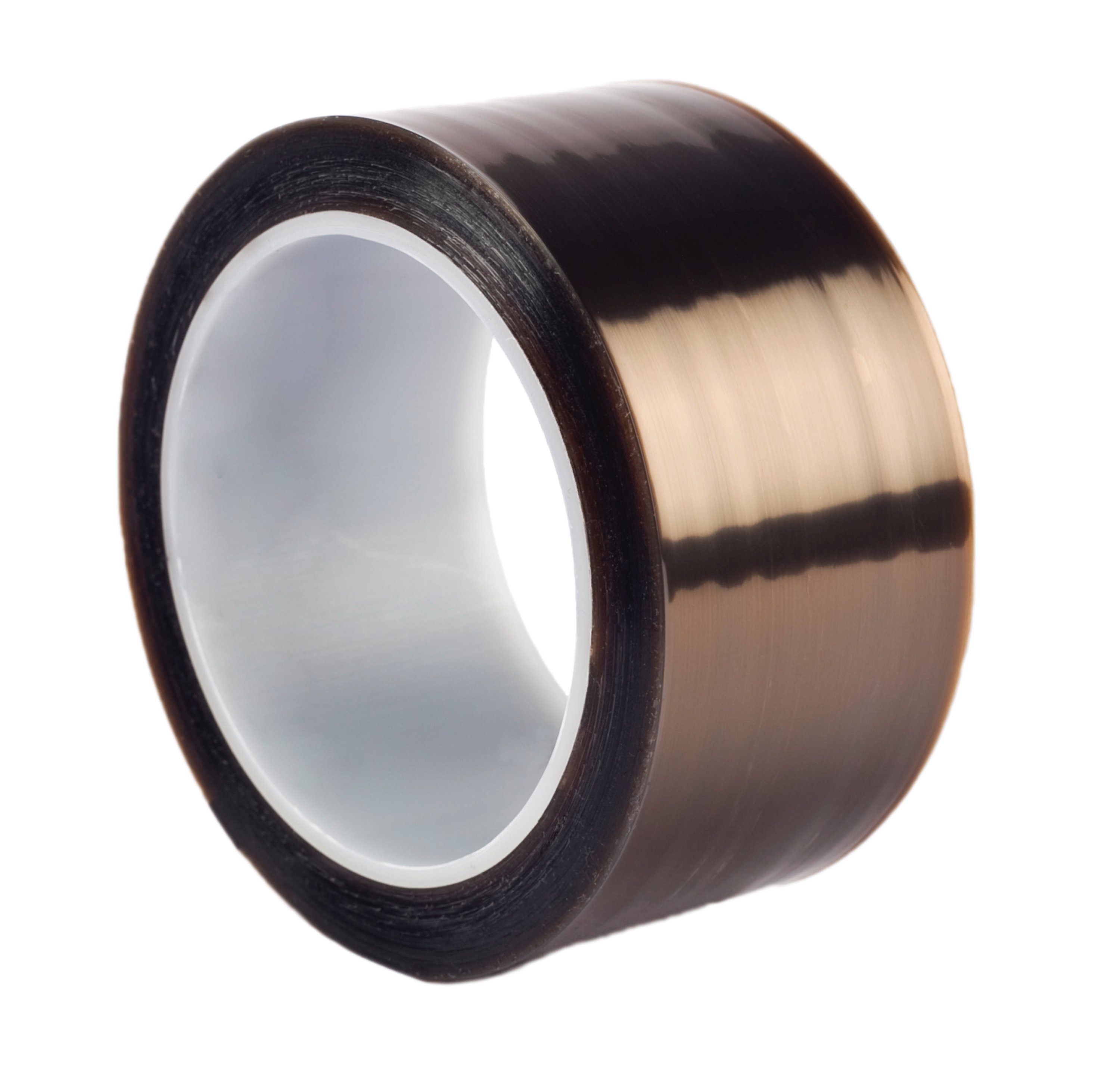 Ein aufgerolltes Klebeband mit hellem Kern, schräg von vorne. Extrudiertes 3M 5490 Teflonklebeband, glänzend braun bis leicht transparent, mit gleitenden Eigenschaften und geringer Reibung zum Beschichten von Oberflächen.