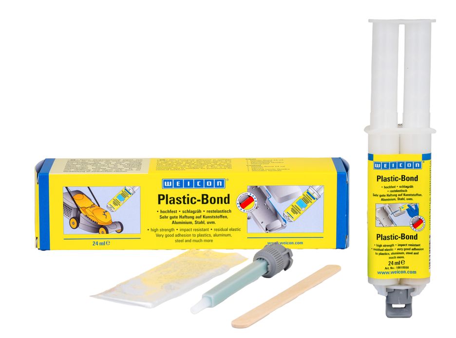 Set WEICON Plastic-Bond Strukturklebstoff: gelb-blaue Verpackung mit Anwendungsszenen, weiße 24-ml Doppelkartusche, grauer Mischaufsatz, Holzspatel und kleine Folienpackung auf weißem Hintergrund.