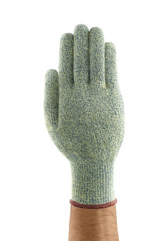 Schnittschutzhandschuh HyFlex 70-750 in Hellgrün mit dunklen Sprenkeln und feiner Strickart, an einer Hand getragen. Handfläche nach vorn offen. Robuster Handschuh mit rotem Bund, hoher Schnittschutz für Arbeiten mit scharfkantigen Materialien.