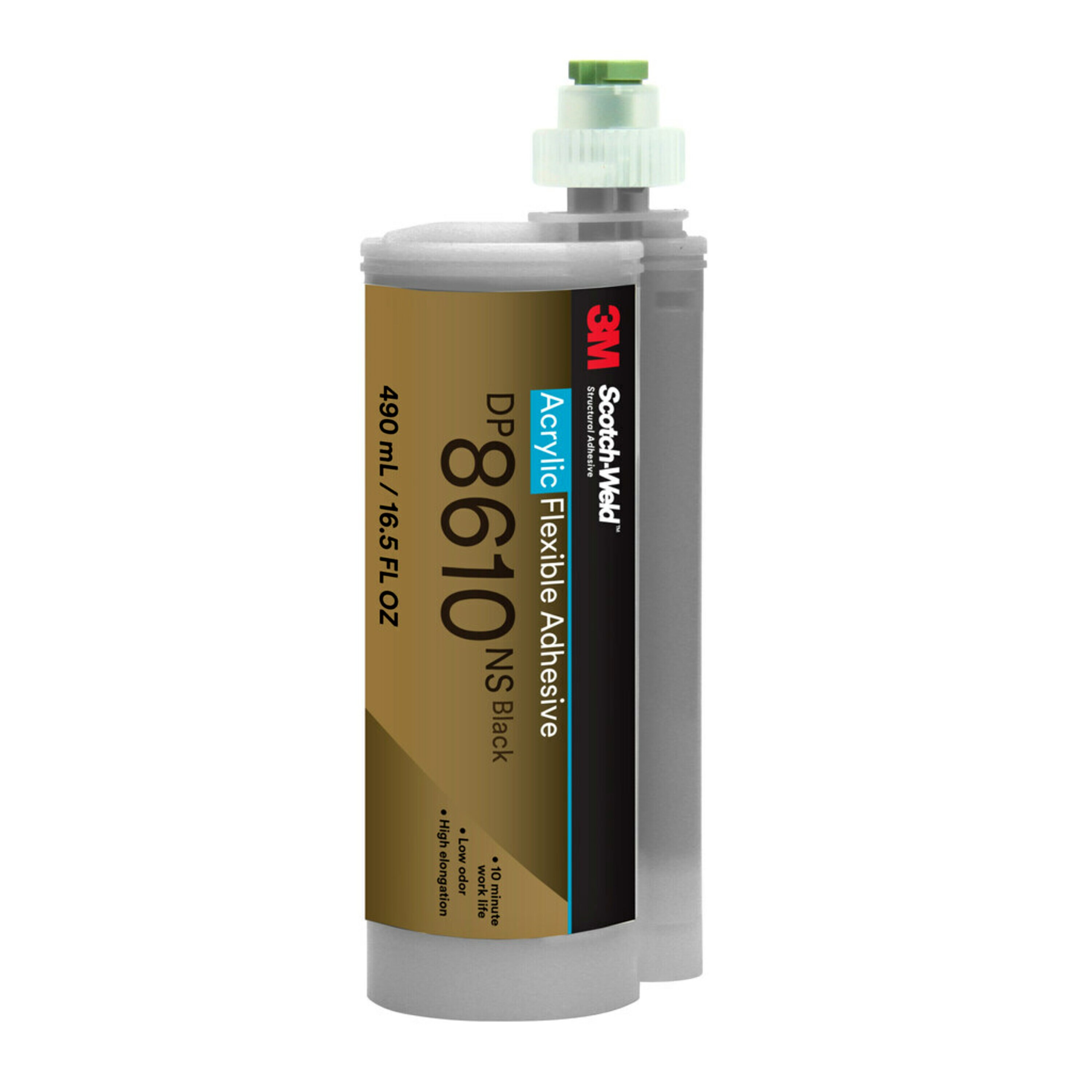 Graue und goldbraune 3M Scotch-Weld DP8610NS Acrylat-Klebstoffkartusche (490 ml). Etikett: flexibler, geruchsarmer, hoch dehnfähiger 2K-Klebstoff mit 10 Min. Verarbeitungszeit. Hellgrüne Mischdüse oben.