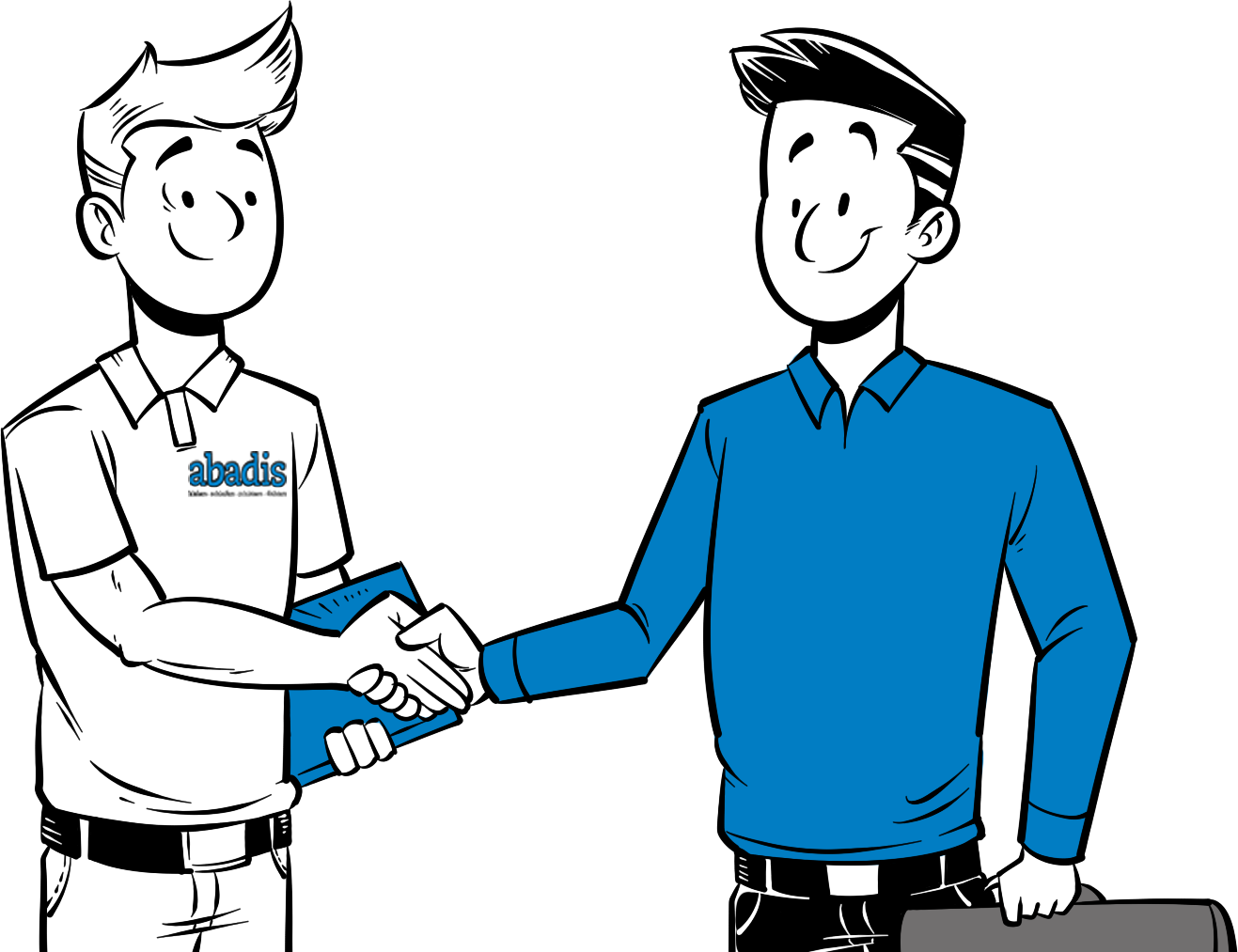 Zwei lächelnde Comic-Männer schütteln sich die Hände. Links: weißes Polo mit „abadis“-Logo, blaue Mappe. Rechts: blaues Oberteil, graue Aktentasche. Sie stehen für eine erfolgreiche Geschäftsbeziehung oder Partnerschaft.