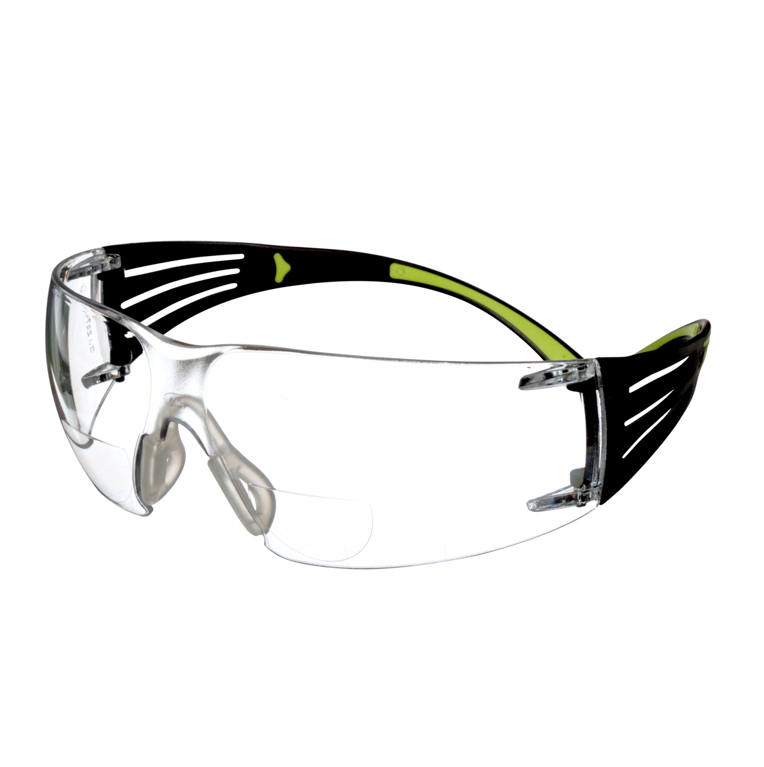Klare 3M SecureFit Schutzbrille mit integriertem Lesebereich (1.5 Dioptrien) im unteren Teil der Scheiben. Schwarze Bügel mit neon-grünen Akzenten und weiches, transparentes Nasenpolster für Komfort und Seitenschutz.