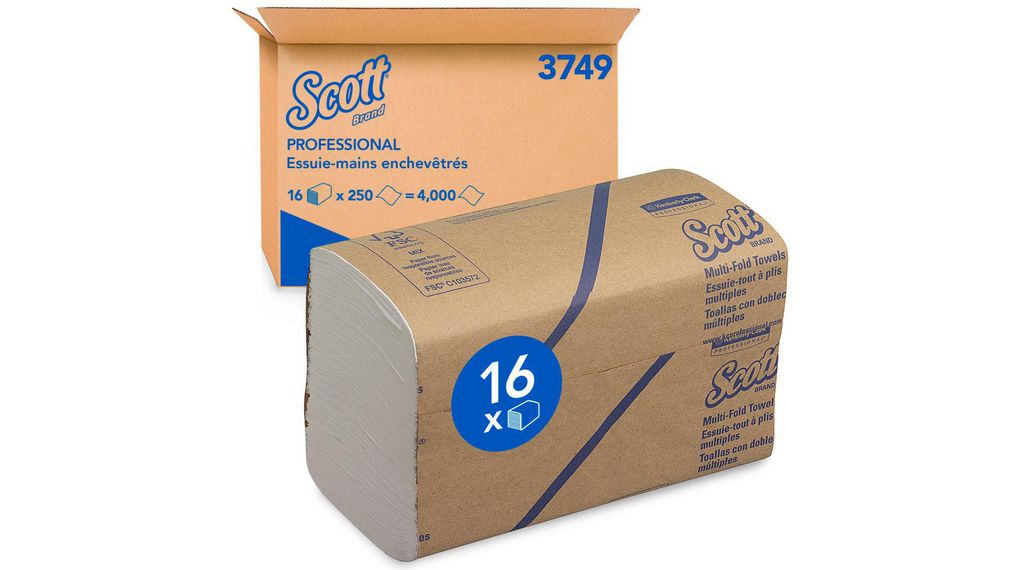 Braune Kartonverpackung Scott Professional Multi-Fold Papierhandtücher "3749" "16 x 250 = 4.000" im Hintergrund. Davor eine braun umwickelte Packung weißer, gefalteter Tücher mit "16 x" und Scott-Logo; Lagen seitlich sichtbar.