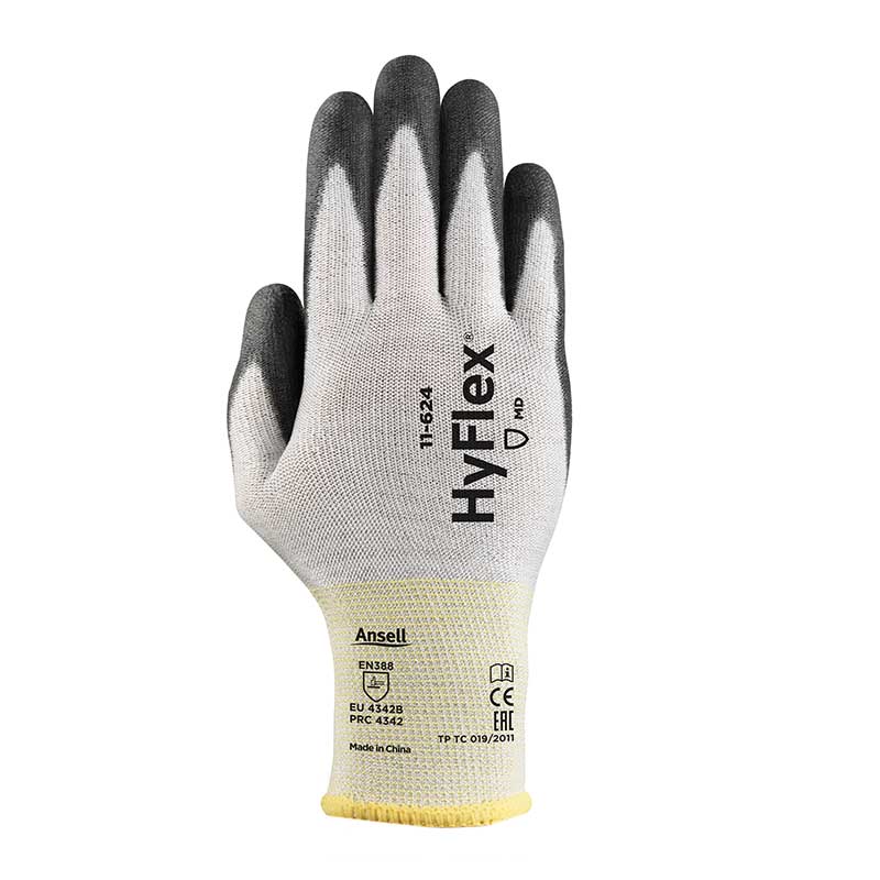 Ansell HyFlex 11-624 Schnittschutzhandschuh, grauschwarz, liegt flach ausgebreitet. Handfläche und Finger mit dunkler griffiger PU-Beschichtung, Handrücken hellgrau gestrickt. Gelbes elastisches Bündchen mit EN 388, CE.
