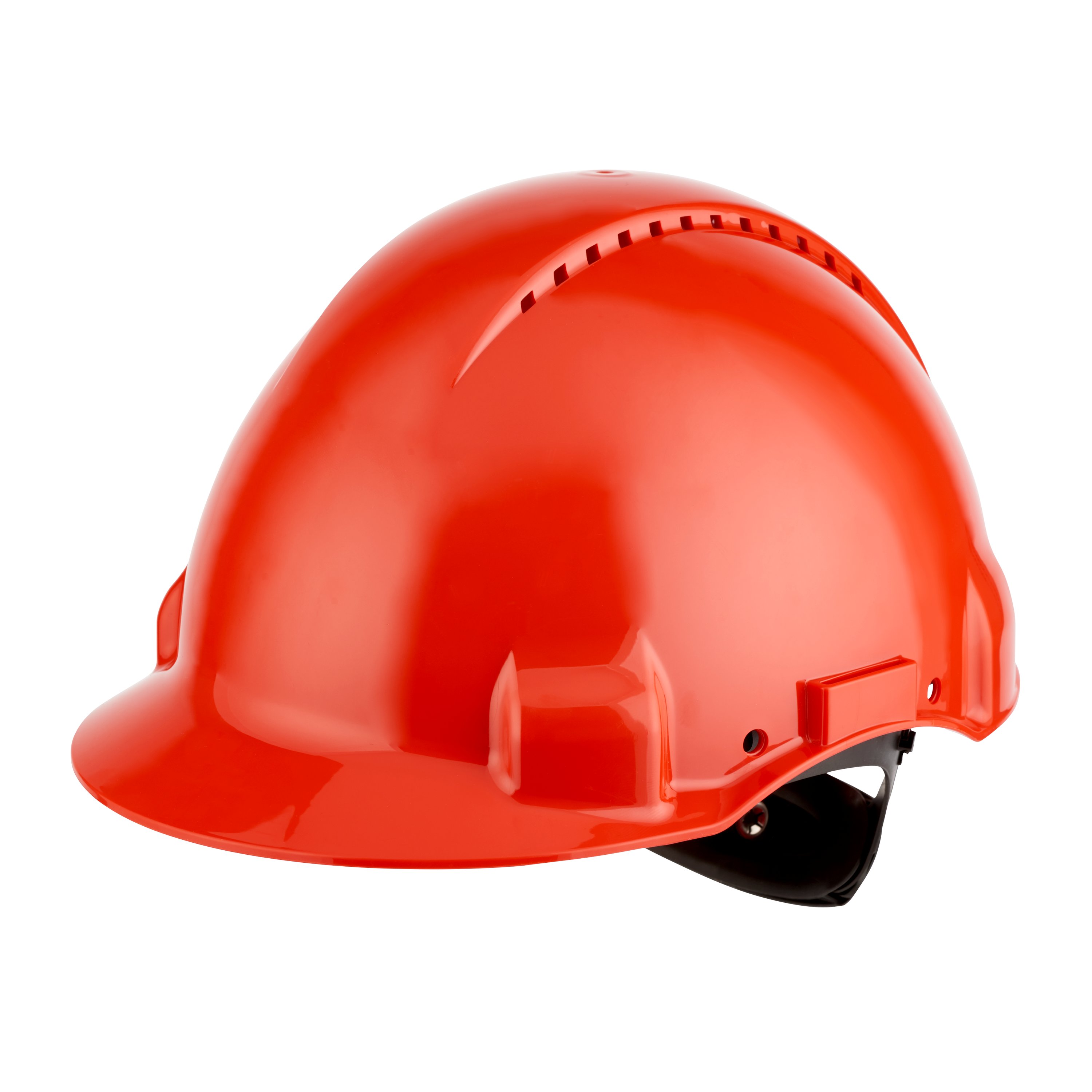 Leuchtend oranger Schutzhelm in Seitenansicht mit glatter, glänzender Oberfläche. Oben und hinten rechteckige Lüftungsschlitze. Mit leichter Krempe und teils sichtbarem schwarzem Innenfutter. Freigestellt auf weißem Hintergrund.