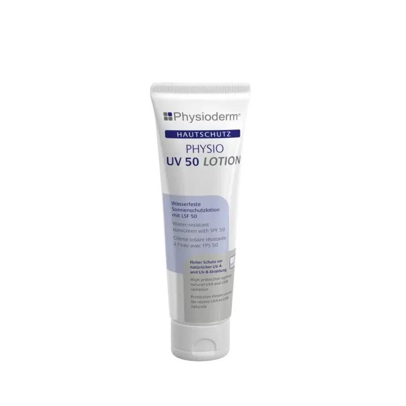 Aufrecht stehende, weiße Tube Physioderm Physio UV 50 Lotion für hohen Hautschutz. Wasserfeste Sonnenschutzlotion mit LSF 50, schützt effektiv vor natürlicher UVA- und UVB-Strahlung. Beschriftung in DE/EN/FR.