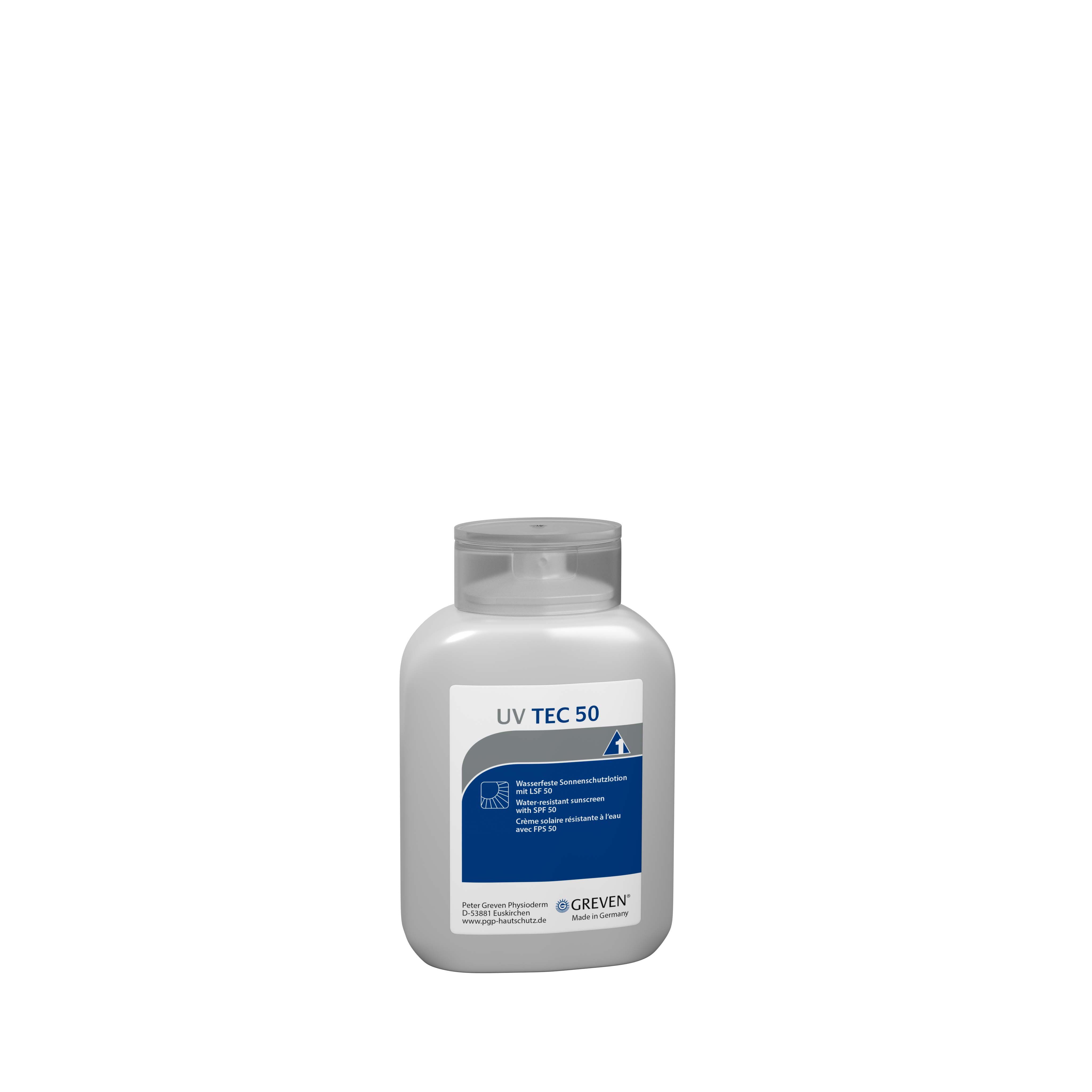 Graue Flasche UV TEC 50 wasserfeste Sonnenschutzlotion mit LSF 50. Die Flasche hat einen hellgrauen Schraubverschluss. Das Etikett ist weiß und dunkelblau, mit der Aufschrift 'UV TEC 50' und mehrsprachigen Beschreibungen zur Wasserfestigkeit und LSF 50.
