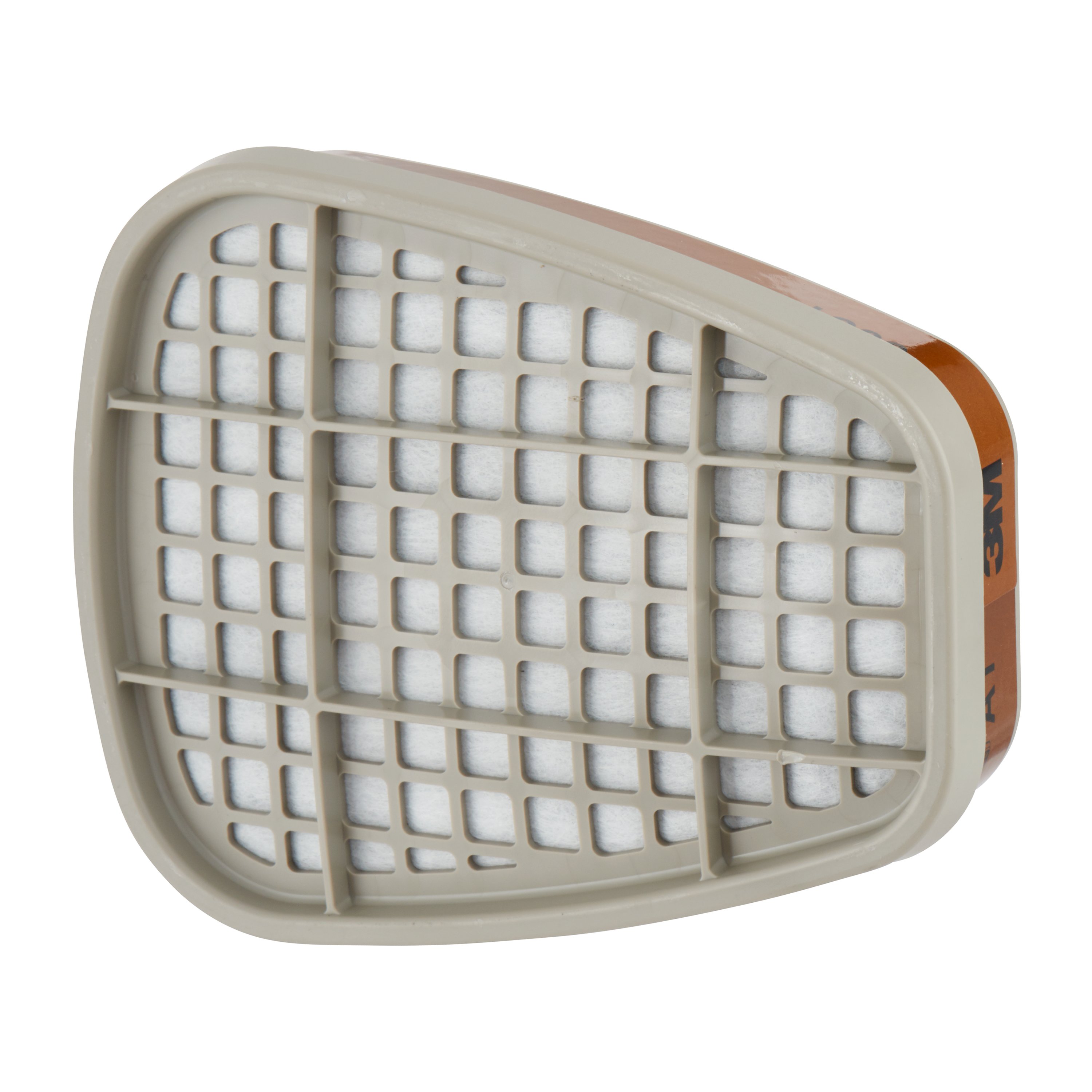 Beigefarbener 3M 6051 Filter A1 für Atemschutzmasken, filtert organische Gase und Dämpfe. Vorderseite mit rechteckigem Gitter aus vielen kleinen quadratischen Öffnungen, dahinter weißes Filtermaterial. Seiten abgerundet, 3M-Logo sichtbar.