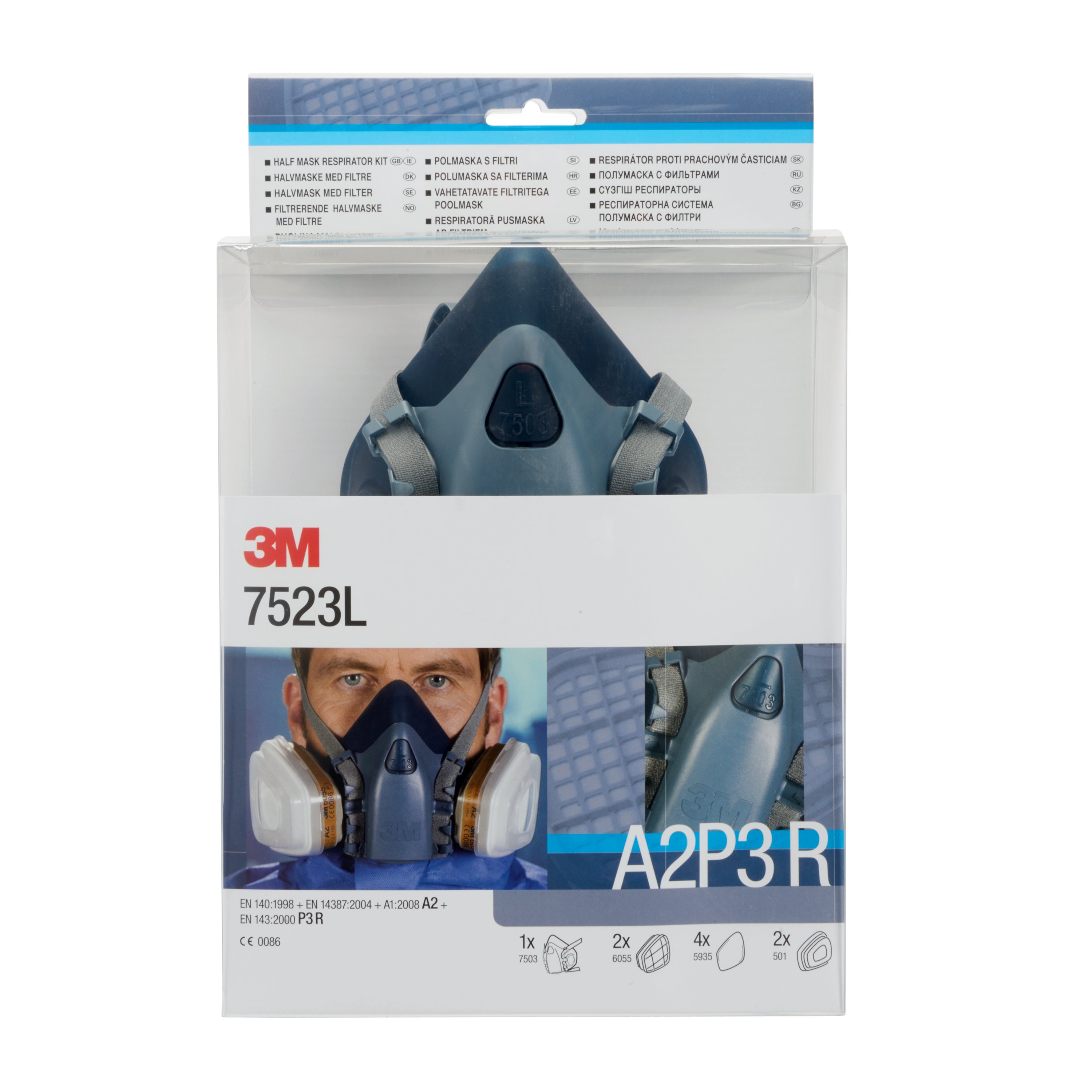 3M 7523L Gase- und Dämpfe-Halbmaskenset A2P3 in transparenter Verpackung. Oben sichtbar: dunkelblaue Maske mit grauen Bändern. Unten Anwendungsbild mit Person und Icons: Halbmaske, A2 Gasfilter, P3R Filter, Deckel.