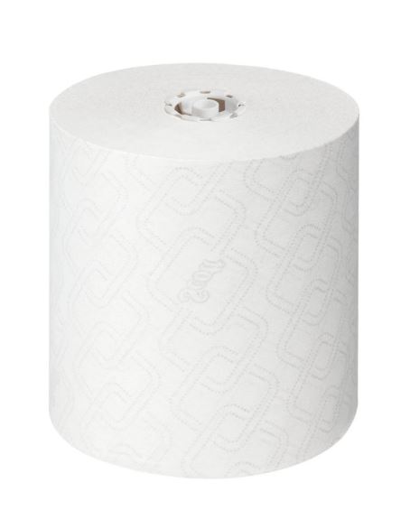 Grand rouleau de papier essuie-mains SCOTT blanc, disposé verticalement. Avec un motif gaufré discret et un mandrin clair en haut. Rouleau de papier essuie-mains jetable SCOTT Essential, longueur impressionnante : 350 m.