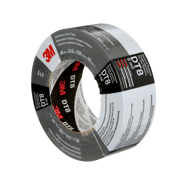 Eine Rolle dunkelgraues 3M All Purpose Duct Tape; auf dem Etikett sind das rote 3M-Logo und DT8 zu sehen. „ALL PURPOSE DUCT TAPE“, 48 mm x 54,8 m und 8 mil sind erkennbar und zeigen die Vielseitigkeit.