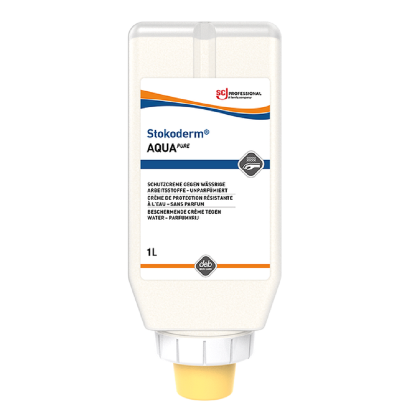 Weißer Spender für Stokoderm AQUA PURE Schutzcreme, die unparfümiert gegen wässrige Arbeitsstoffe schützt. Die 1-Liter-Flasche zeigt das SC PROFESSIONAL Logo und das Deb Skin Care Logo. Ein Piktogramm stellt schützende Hände dar.