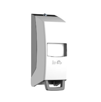 Distributeur mural blanc-gris avec fenêtre de visualisation pour flacons PGP Vario. Levier gris, dosage réglable. Pour la protection de la peau, le nettoyage ou la désinfection. Robuste, hygiénique, facile à utiliser.