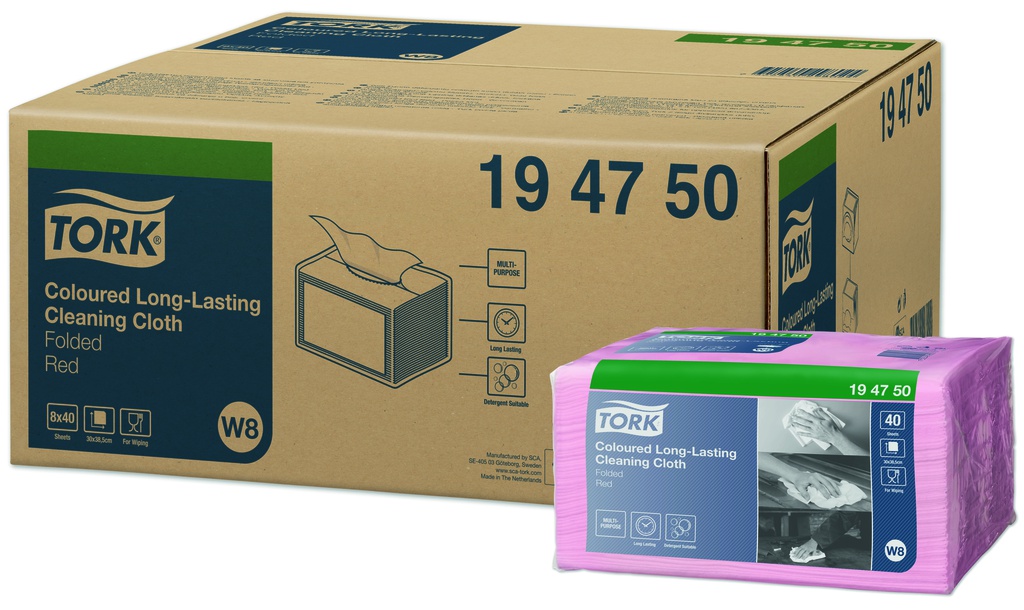 Braune Tork Umverpackung und pinkfarbener Folienpack mit roten, langlebigen Reinigungstüchern (W8 Small Pack System). Beide zeigen Tork Logo und Artikelnummer 19 47 50. Der Folienpack enthält Anwendungsbilder der Tücher.