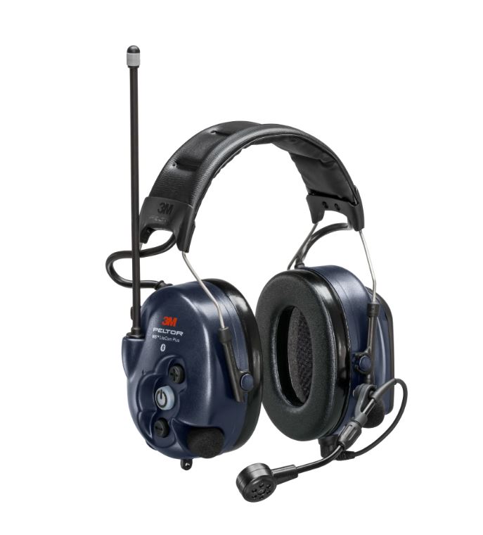 Dunkelmarineblaues 3M Peltor WS LiteCom Plus Gehörschutz-Headset mit Funk. Gepolsterte Ohrmuscheln, verstellbares Kopfband, lange Antenne links und Mikrofon am flexiblen Bügel rechts nach vorn. Links Bedienelemente.