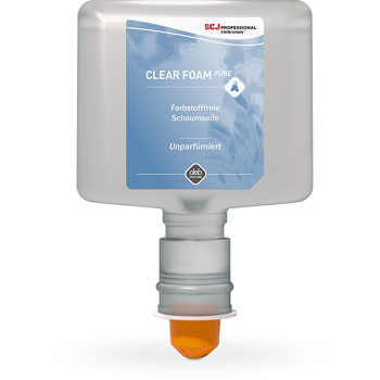 Nachfüllkartusche für seifenlosen Schaumreiniger, transparent mit grauem Behälter, für SCJ Professional Spender. Blau-weißes Etikett mit CLEAR FOAM PURE, farbstofffrei und unparfümiert. Orangefarbenes Ventil unten sichtbar.