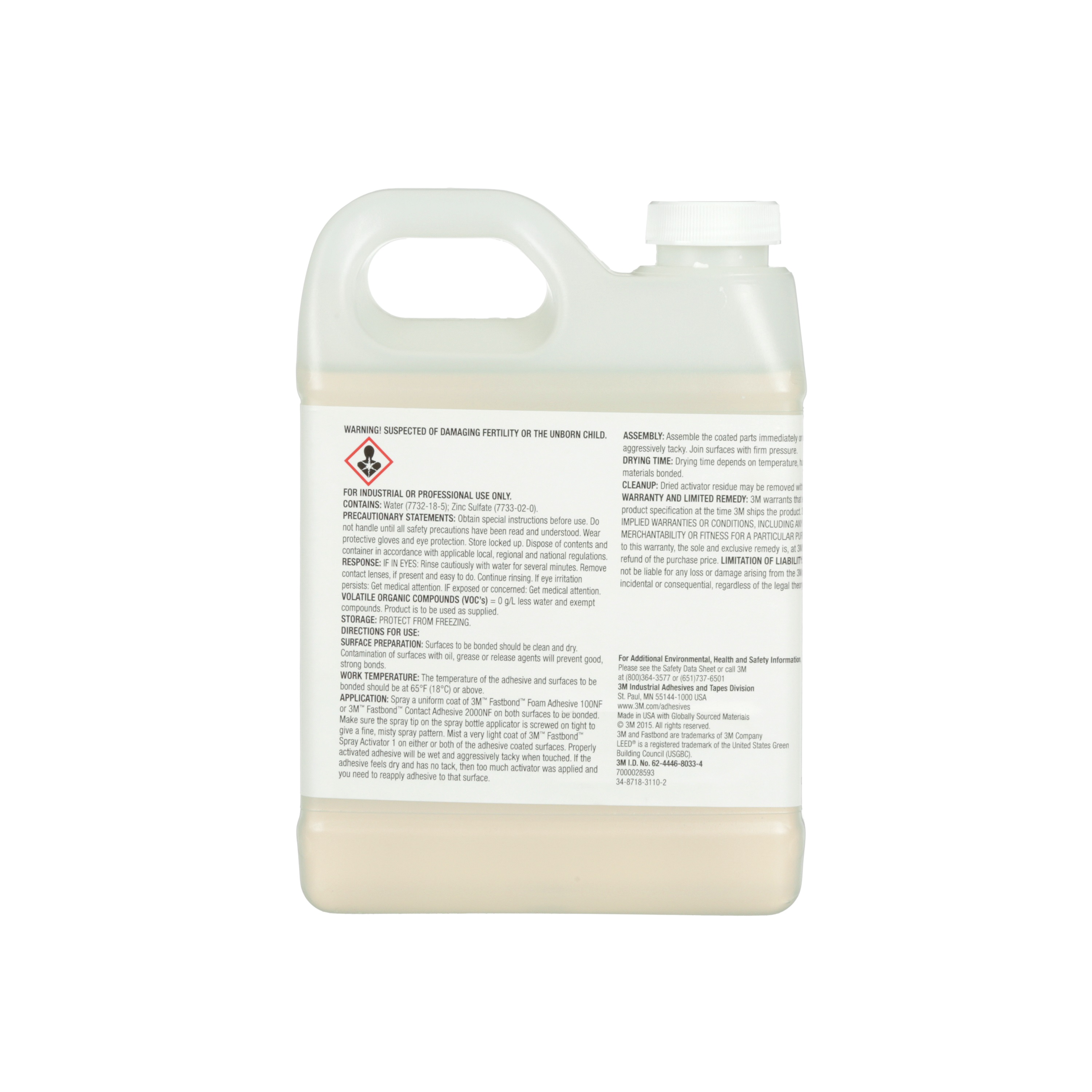 Récipient en plastique blanc translucide avec poignée et bouchon à vis blanc, contenant un liquide beige clair. Étiquette avec avertissements, mode d'emploi et symbole de danger pour la santé (fertilité, fœtus).