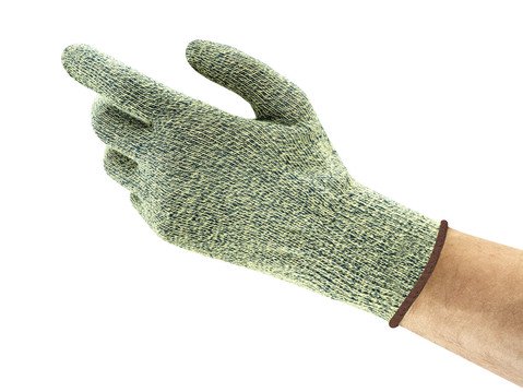 Hand mit grün meliertem, fein gestricktem Schnittschutzhandschuh, Zeigefinger ausgestreckt. Brauner elastischer Bund am Handgelenk. Bietet Schutz und Fingerfertigkeit beim Umgang mit scharfkantigen Materialien wie Metallteilen.