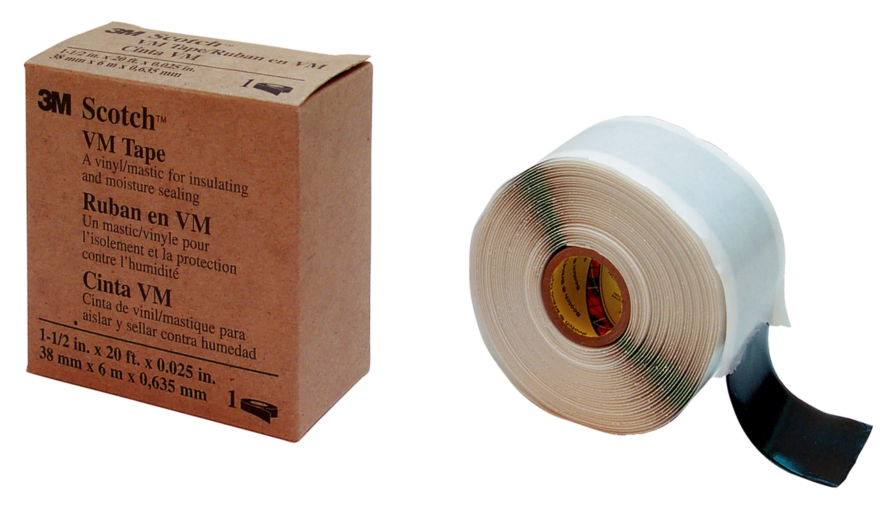 Braune 3M Scotch VM Tape-Verpackung und Rolle schwarzes, selbstverschweißendes Butylkautschukband. Teilweise abgerollt, glatte schwarze Oberfläche und weiße Schutzfolie sichtbar, ideal zur Isolierung und Abdichtung.