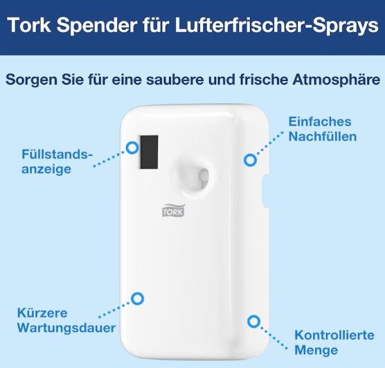 Weißer, rechteckiger Tork A1 Lufterfrischer-Spender zur Wandmontage. Oben links schwarzes Display zur Füllstandsanzeige, mittig Sprühkopf, darunter Tork-Logo. Für einfache Handhabung und Wartung, schnelles Nachfüllen und präzise Dosierung.