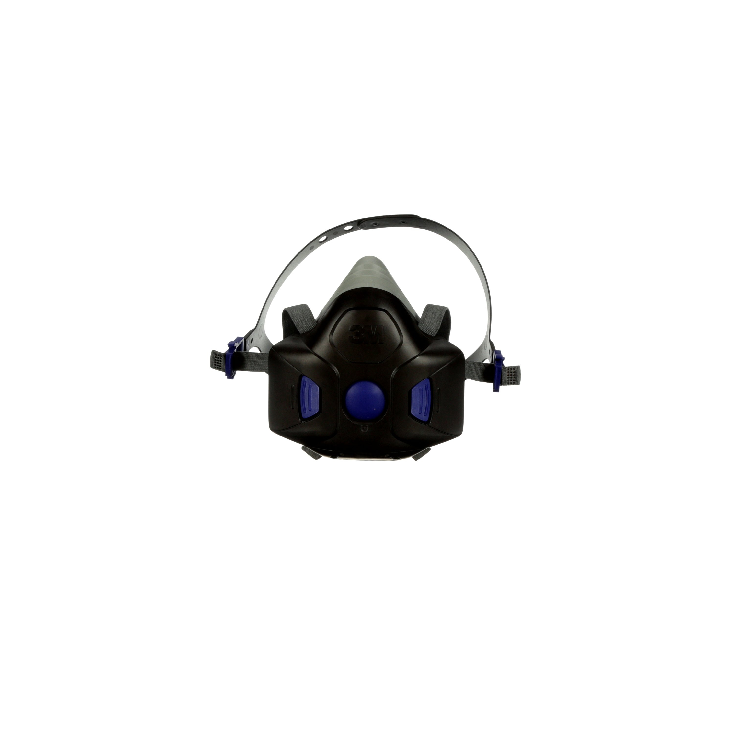 Schwarze Atemschutz-Halbmaske mit sichtbaren blauen Filtereinsätzen und flexiblem Kopfband für sicheren Halt. Die 3M Maske auf weißem Hintergrund bedeckt Mund und Nase, ideal für Arbeitsschutz.