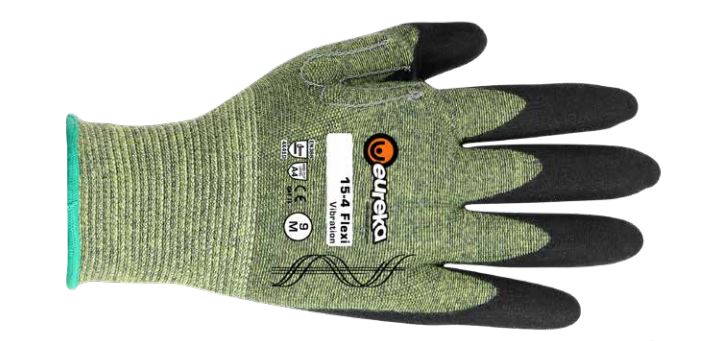 Grau-grüner Flexi Vibration 15-4 Arbeitshandschuh (Handflächenseite) mit schwarzer Nitrilbeschichtung an Fingern und Handfläche für sicheren Griff. Handrücken mit Eureka-Logo, Modell und Größe M (9). Für präzise Arbeiten.